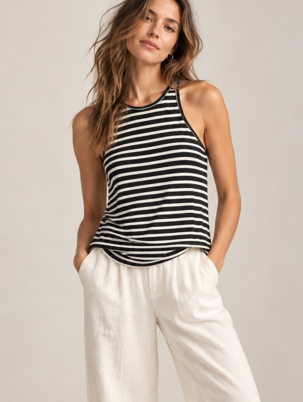 TRINA TURK Poloma Black White Stripe Racerback Halter Keyhole Back Tank Top M